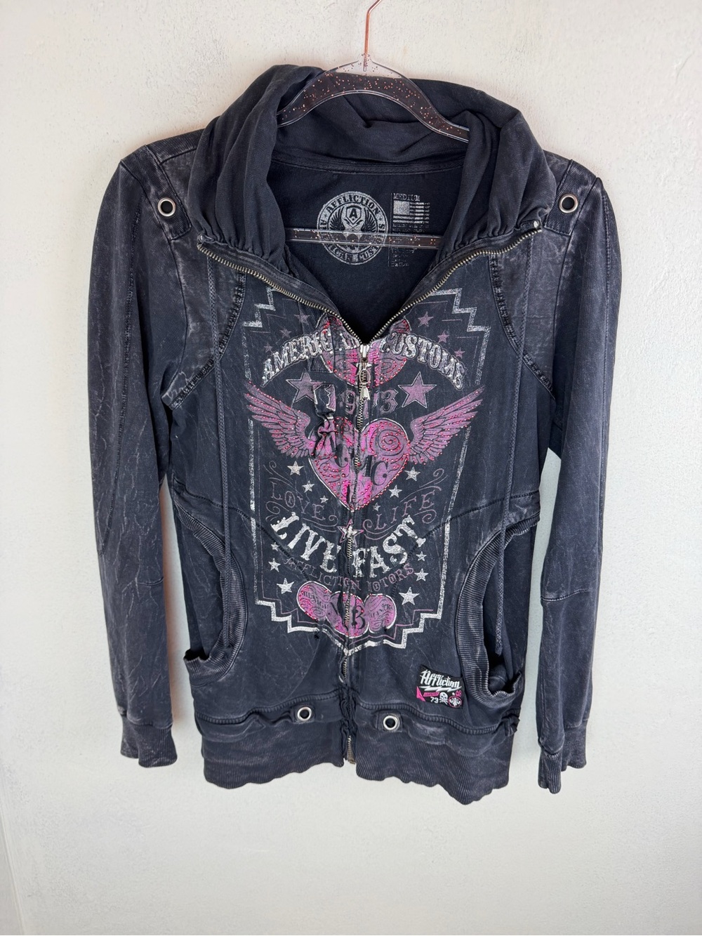 Affliction Black Hoodie with Pink Winged Heart Graphic